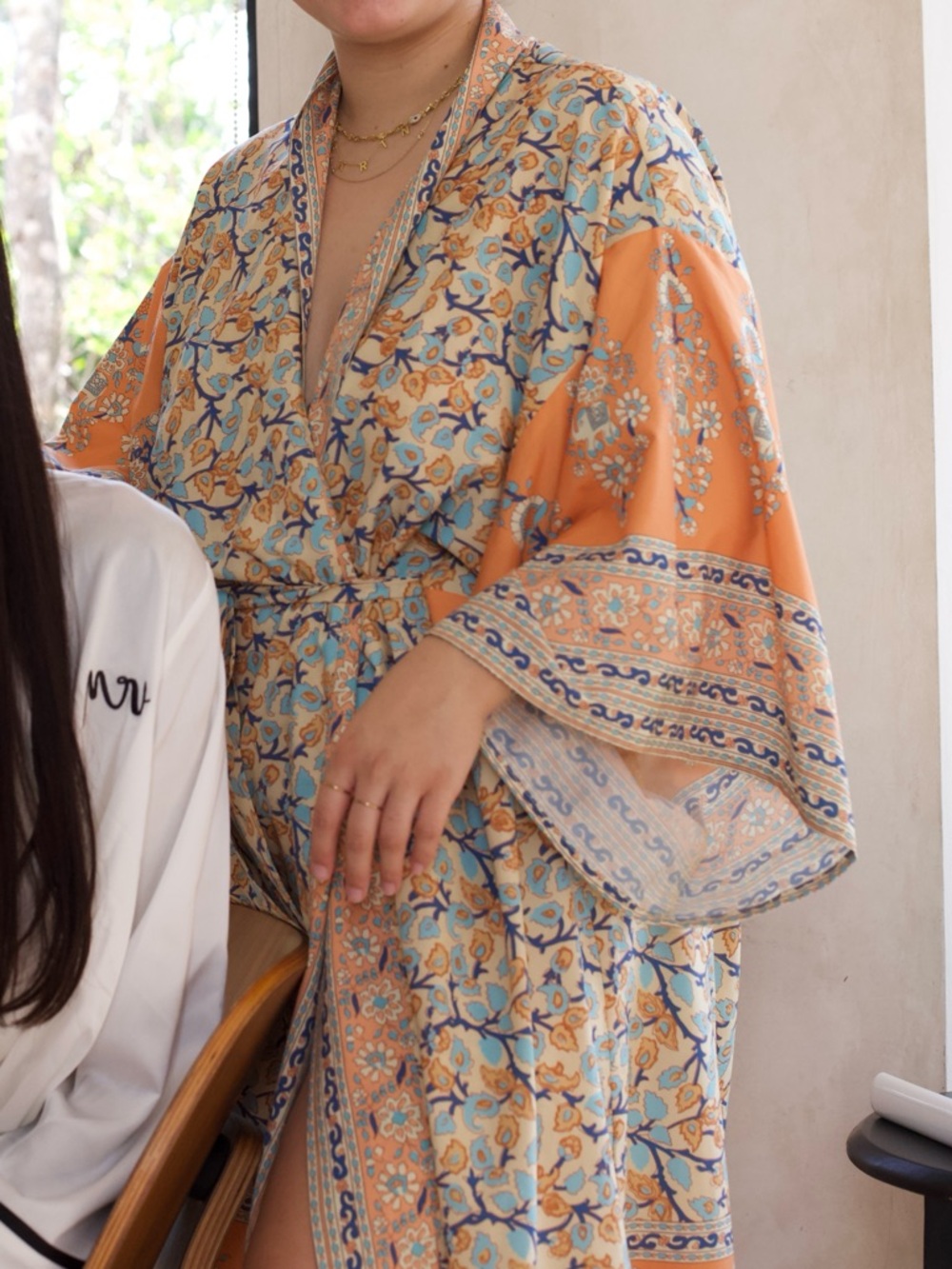Anthropologie Floral Patchwork Kimono Robe in Orange and Blue